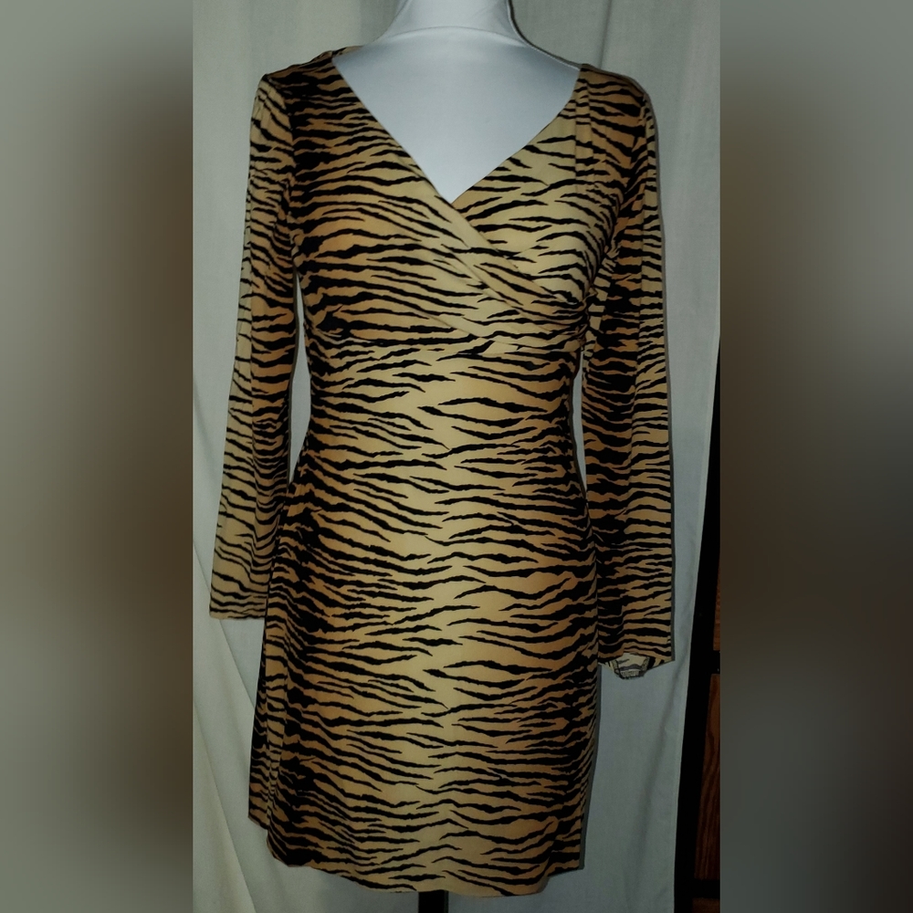 VINTAGE NICOLE MILLER TIGER STRIPE ANIMAL PRINT BODY CONSCIOUS DRESS MOCK WRAP